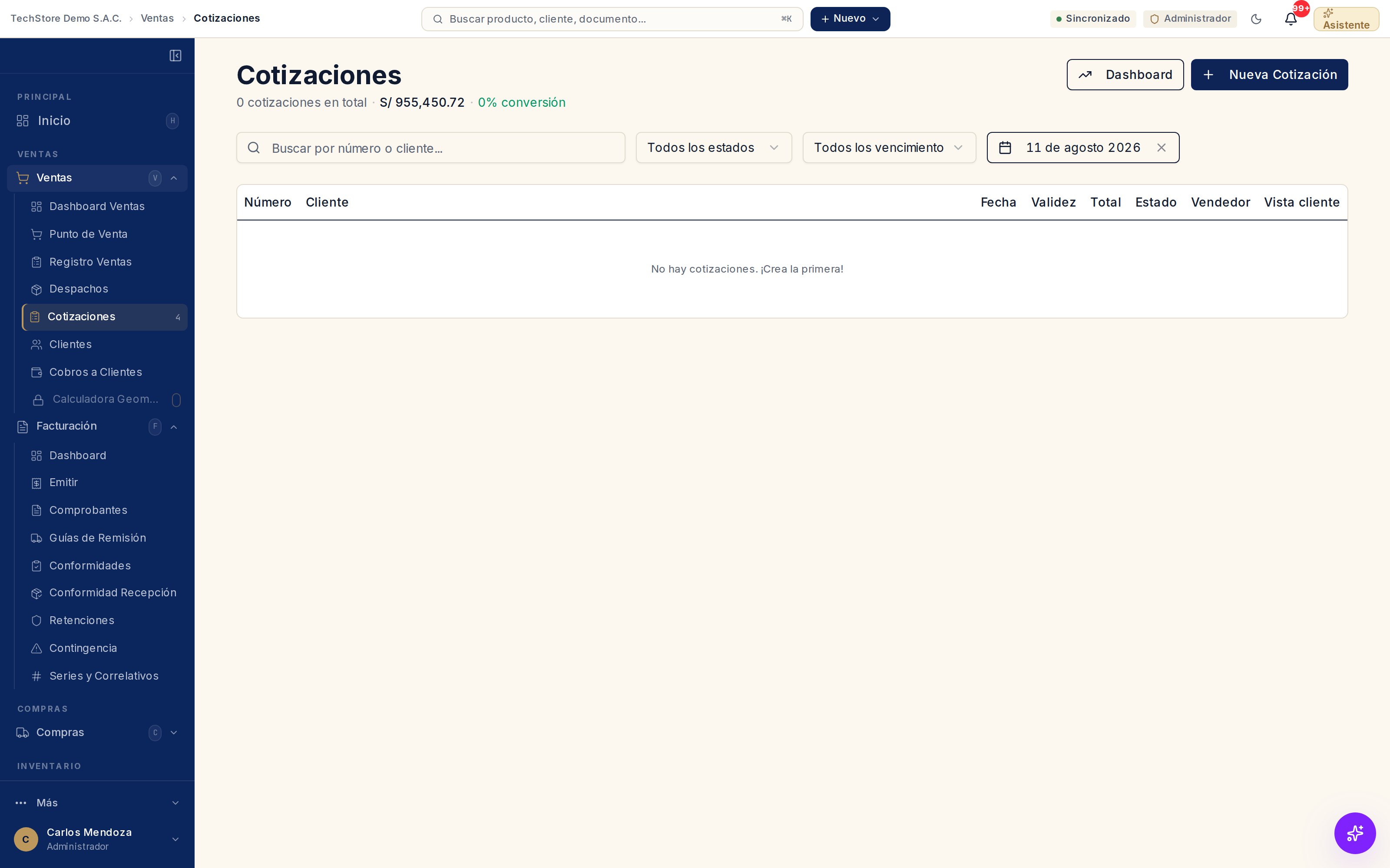 Listado de cotizaciones: buscador, filtros por estado, vencimiento y fecha, y la tabla con número, cliente, validez, total, estado y vendedor.