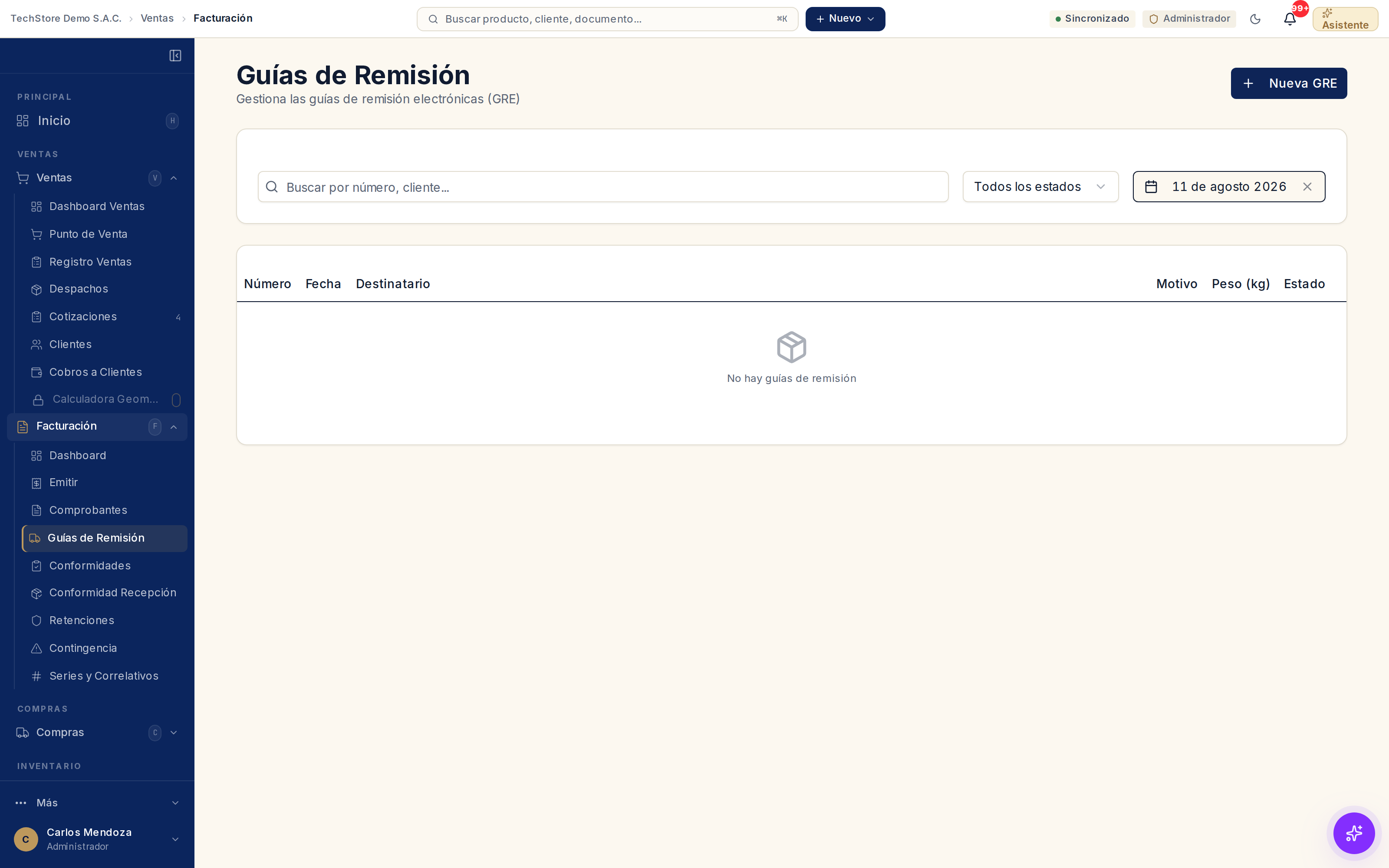 Listado de guías de remisión: buscador por número o cliente, filtro por estado y por fecha, y la tabla con número, fecha, destinatario, motivo, peso y estado.
