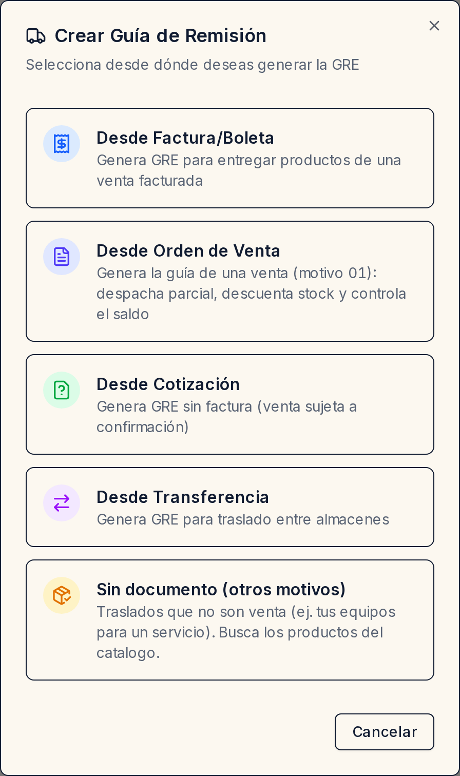Diálogo para crear una guía: las cinco opciones de origen — desde factura o boleta, desde orden de venta, desde cotización, desde transferencia, y sin documento.