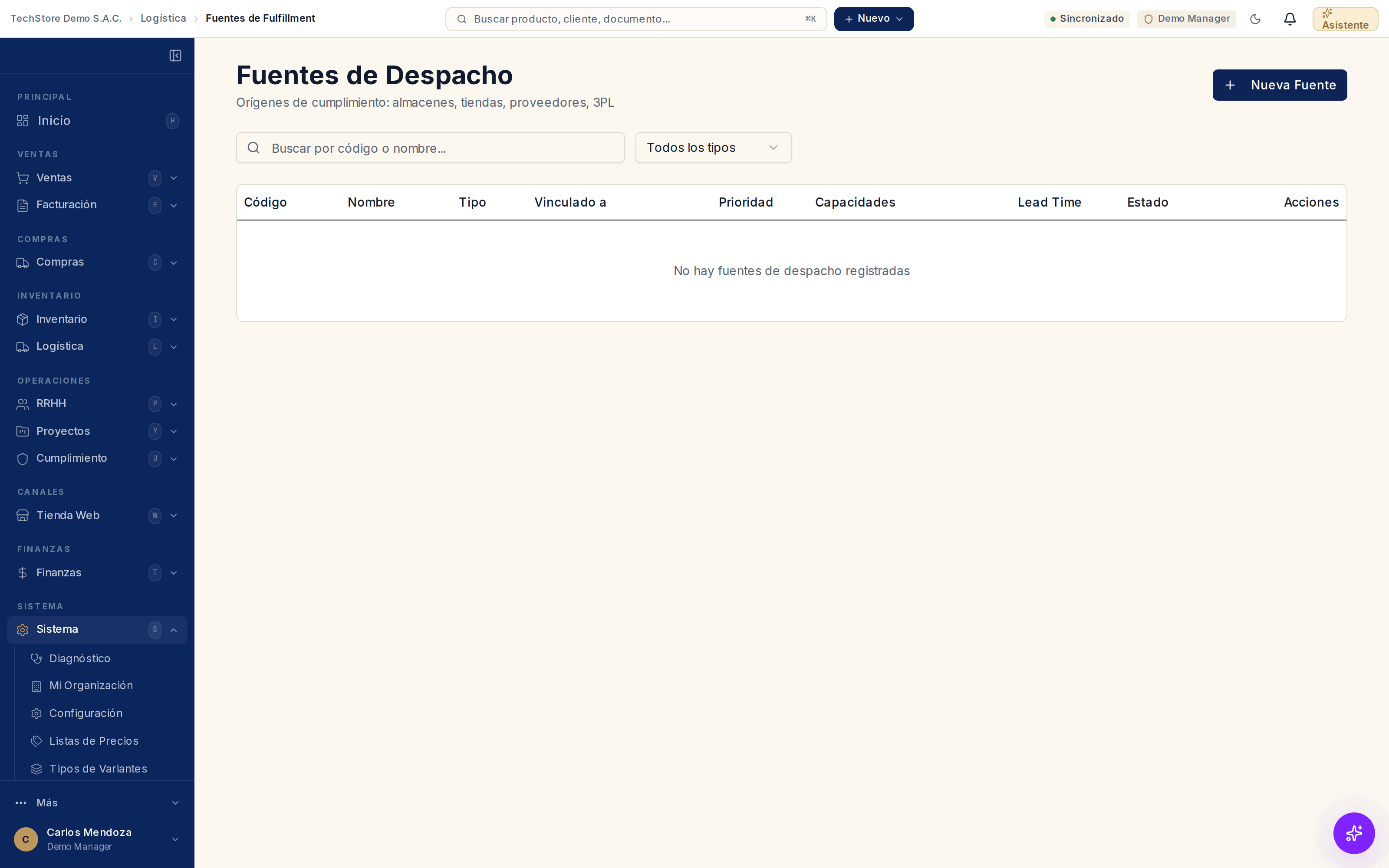 Pantalla Fuentes de Despacho: una tabla con columnas Código, Nombre, Tipo, Vinculado a, Prioridad, Capacidades, Lead Time y Estado, con el botón Nueva Fuente arriba a la derecha.