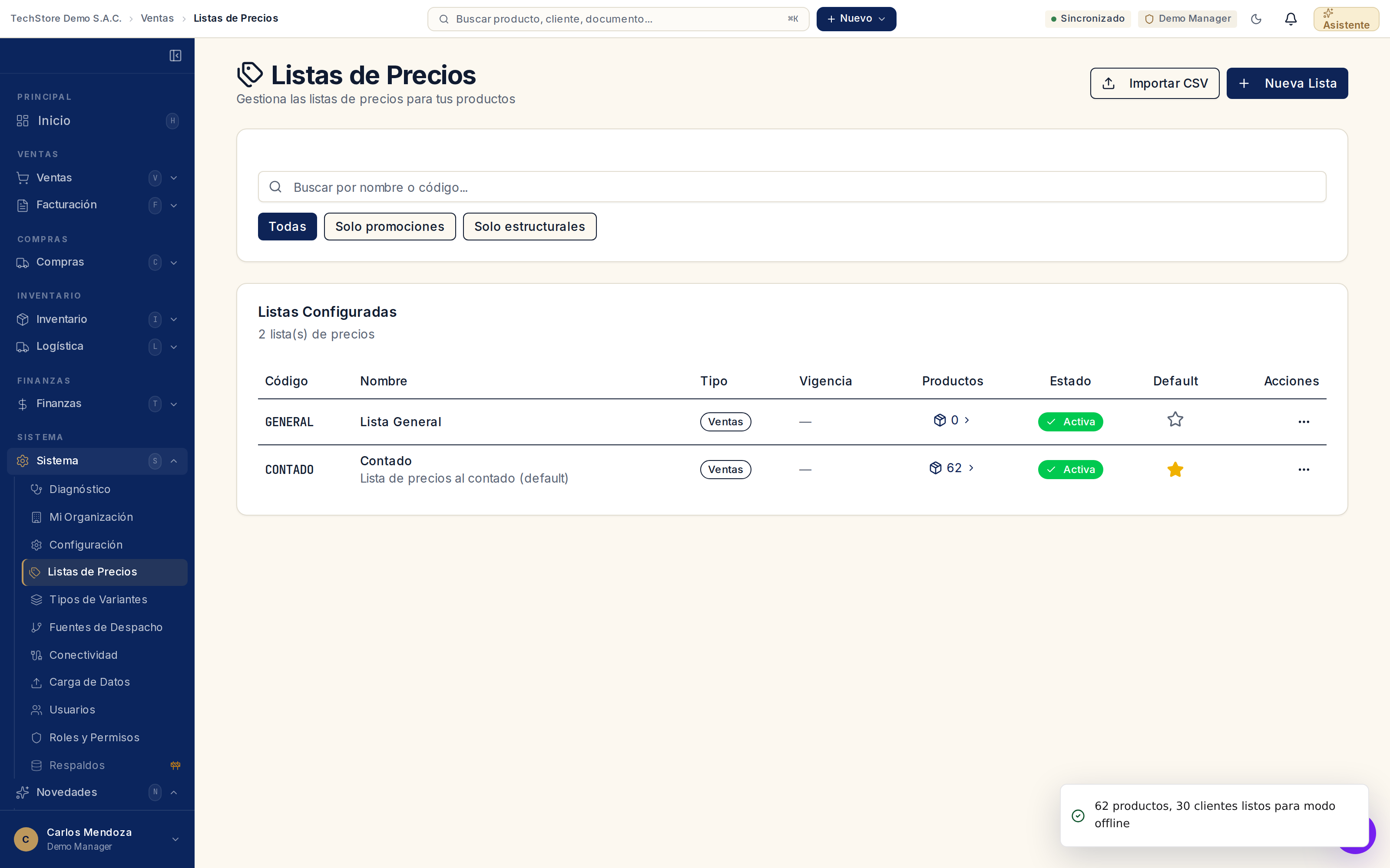 Pantalla de Listas de Precios con dos listas: General y Contado (predeterminada, con estrella), cada una activa.