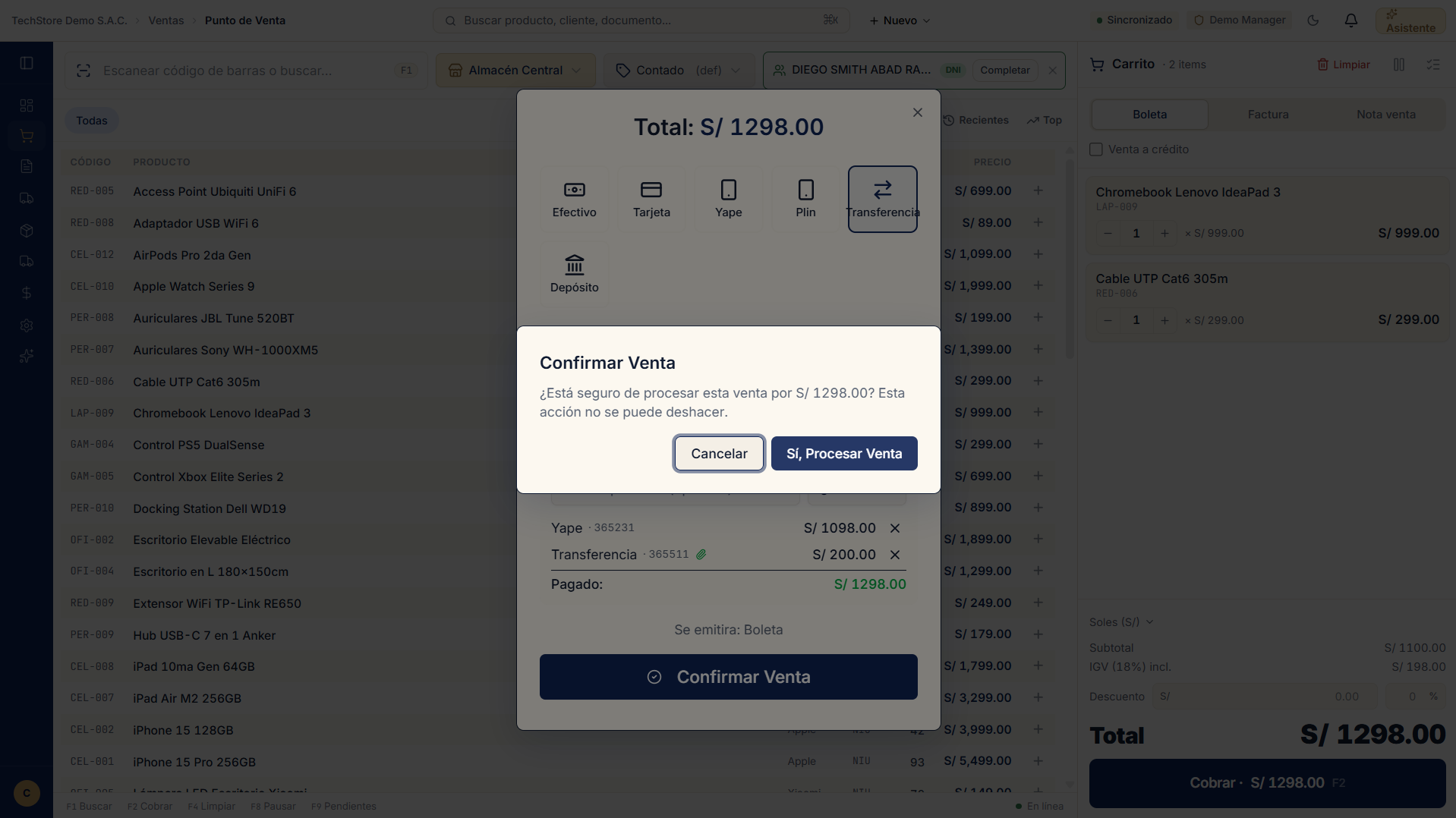 Diálogo de confirmación: "¿Está seguro de procesar esta venta? Esta acción no se puede deshacer", con los botones Cancelar y Sí, Procesar Venta.