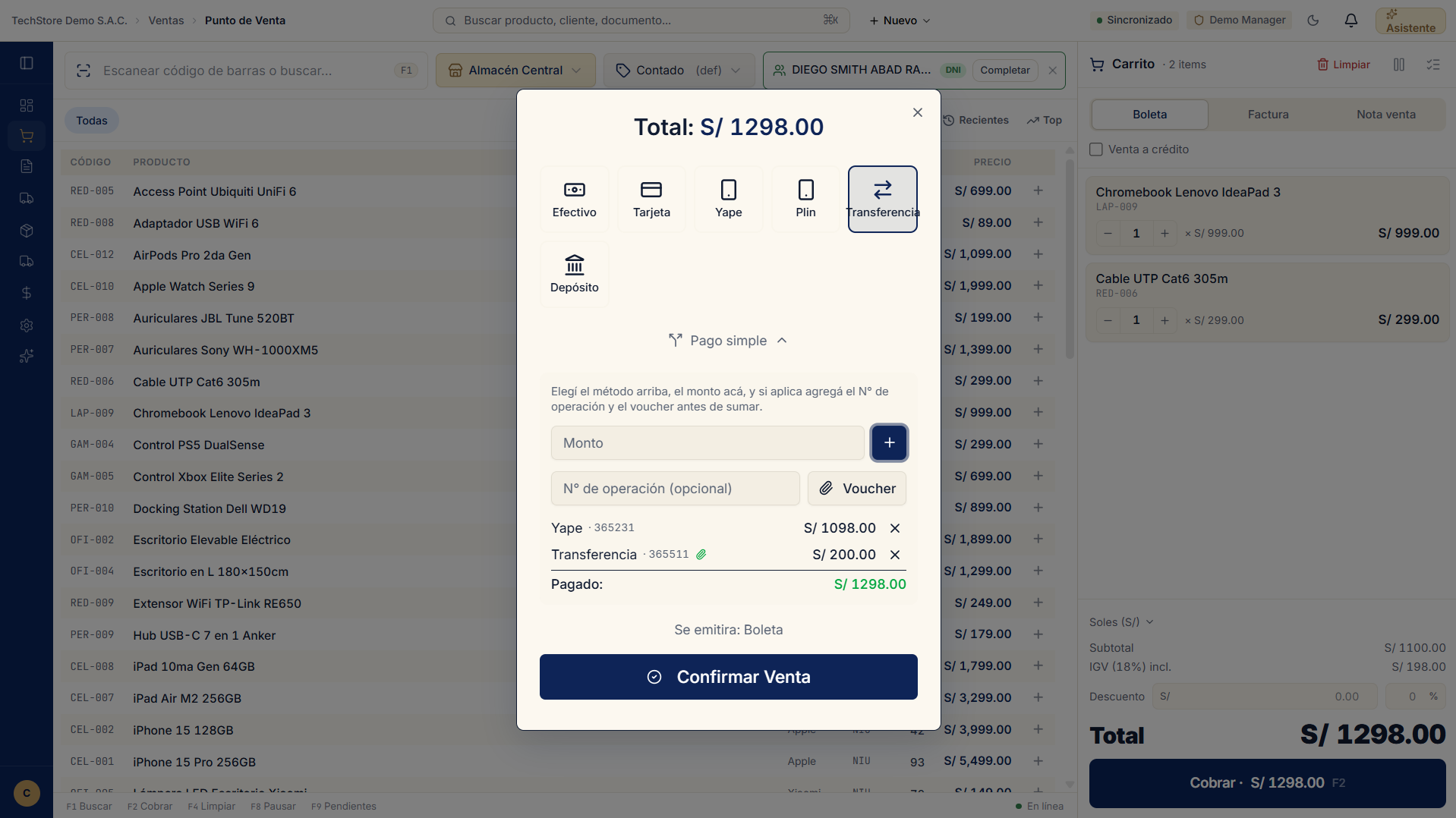 Pago mixto en el POS: una parte pagada con Yape y otra con transferencia, sumando el total; abajo muestra "Pagado" en verde.