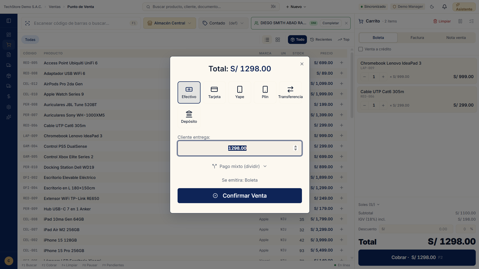 Ventana de cobro del POS: el total a pagar y los métodos Efectivo, Tarjeta, Yape, Plin, Transferencia y Depósito, con la opción de pago mixto y el botón Confirmar Venta.