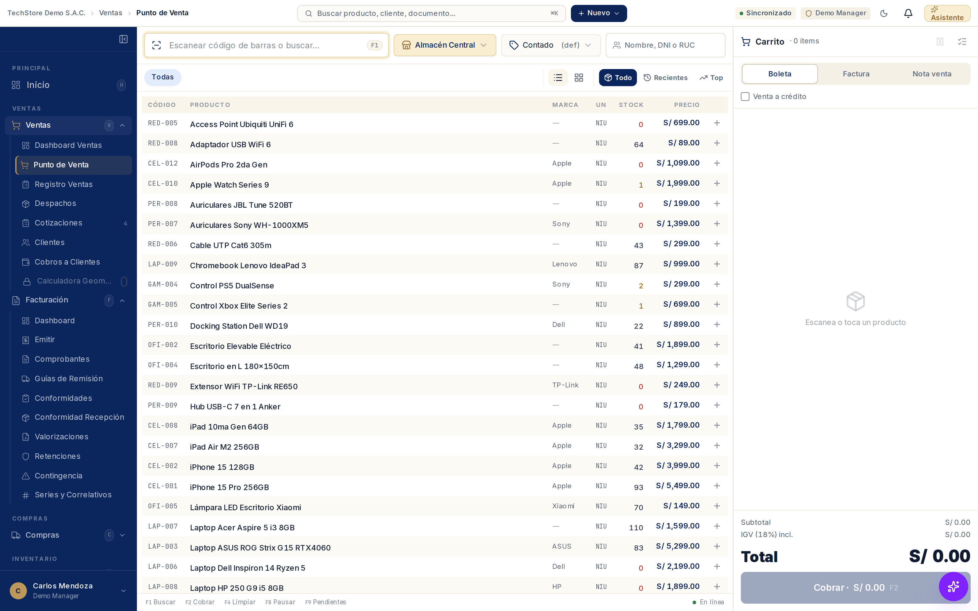 Punto de Venta: lista de productos con precio y stock a la izquierda, y el carrito con las opciones Boleta, Factura y Nota de venta a la derecha.