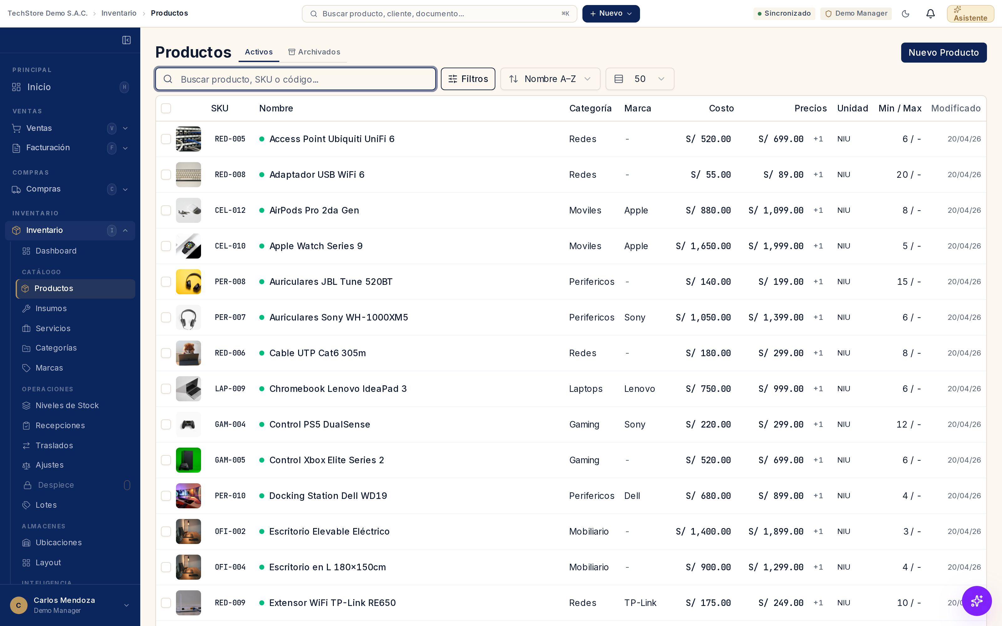Lista de productos con columnas SKU, Nombre, Categoría, Marca, Costo, Precios, Unidad y niveles Mín/Máx.