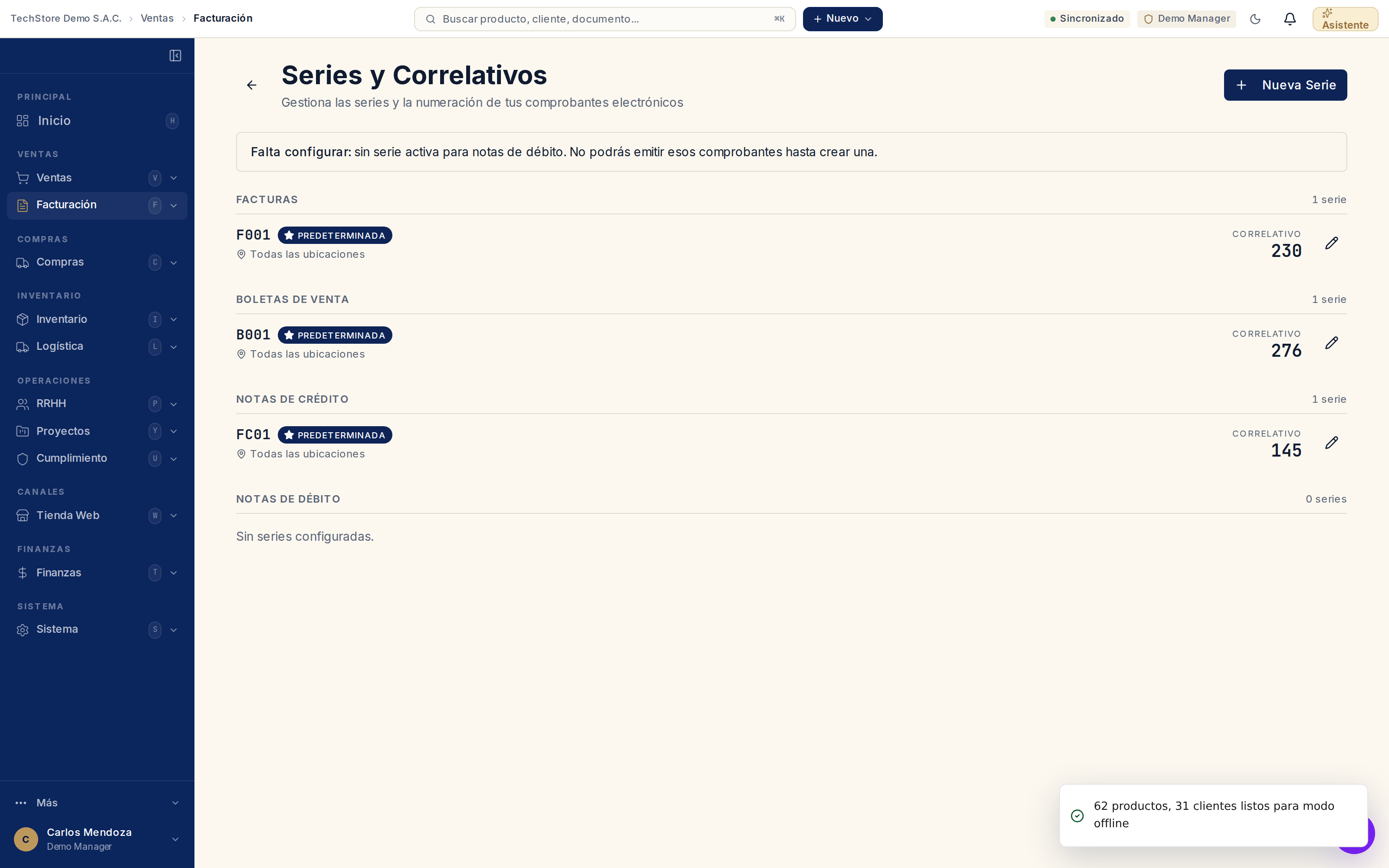 Pantalla Series y Correlativos: bloques para Facturas, Boletas de Venta, Notas de Crédito y Notas de Débito, cada uno con su conteo de series, y el botón Nueva Serie arriba a la derecha.