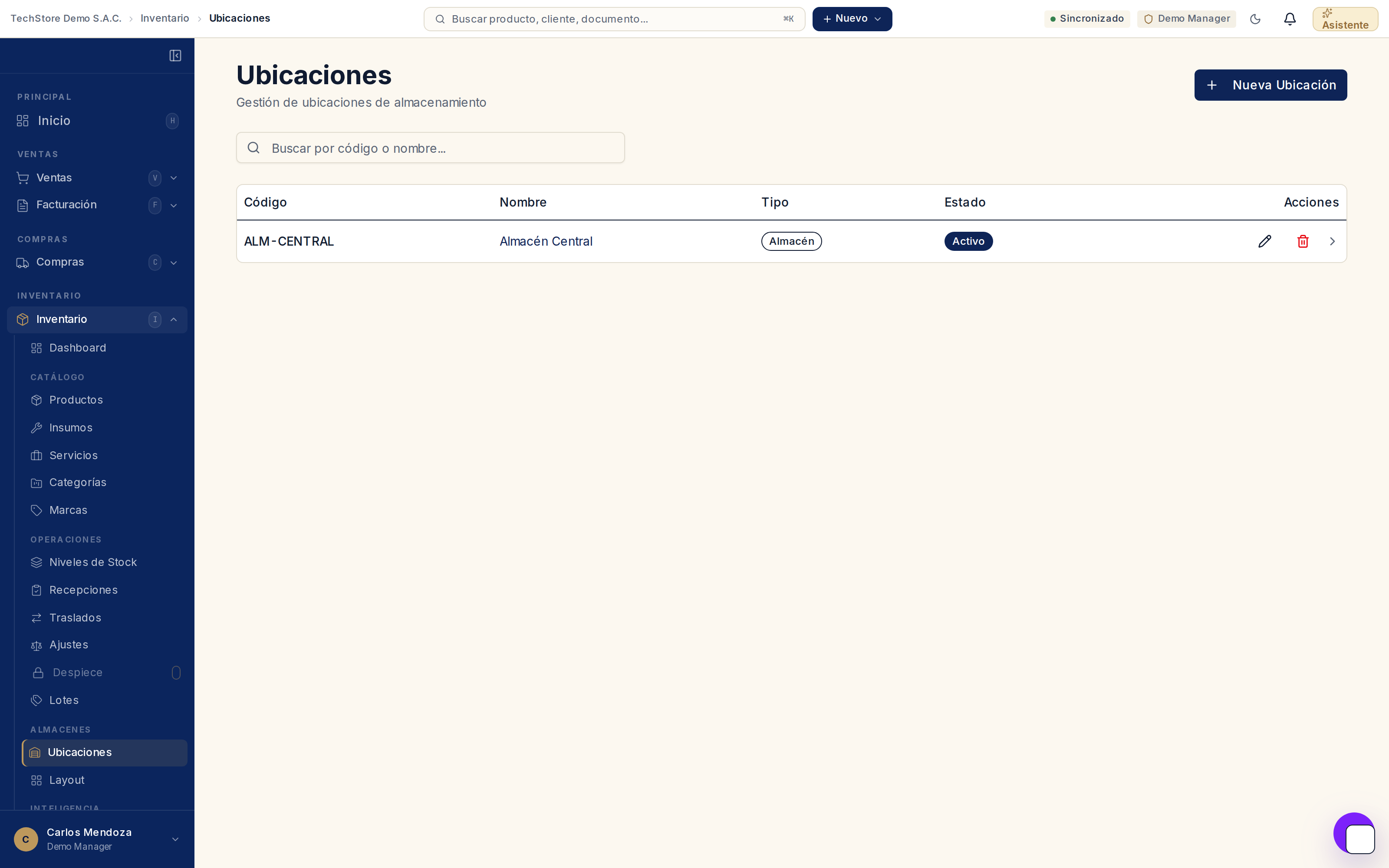 Lista de ubicaciones con una fila: código, nombre, tipo (Almacén) y estado (Activo), y el botón Nueva Ubicación.
