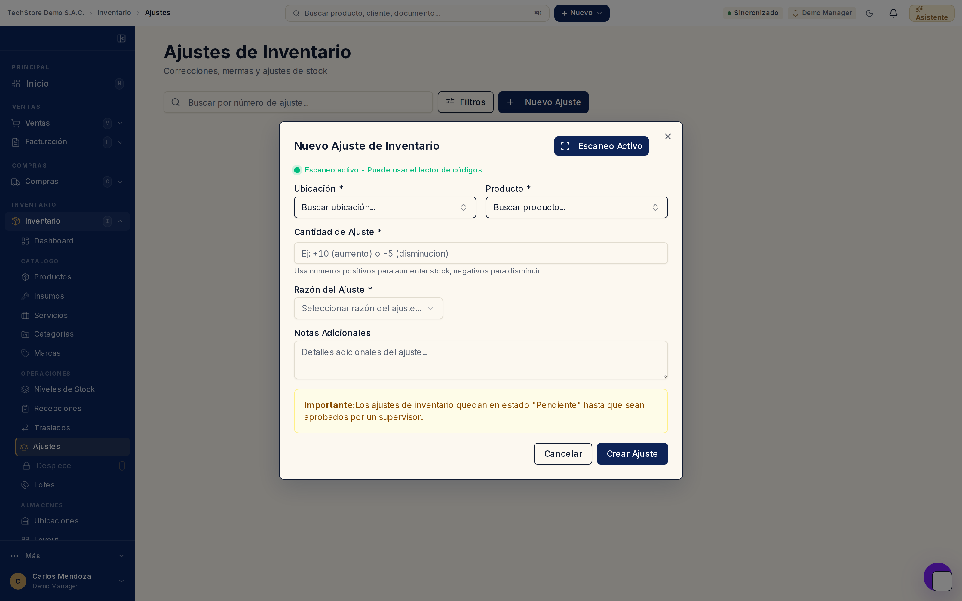 Formulario Nuevo Ajuste de Inventario: producto, ubicación, cantidad de ajuste y razón (con la opción Corrección por conteo físico).