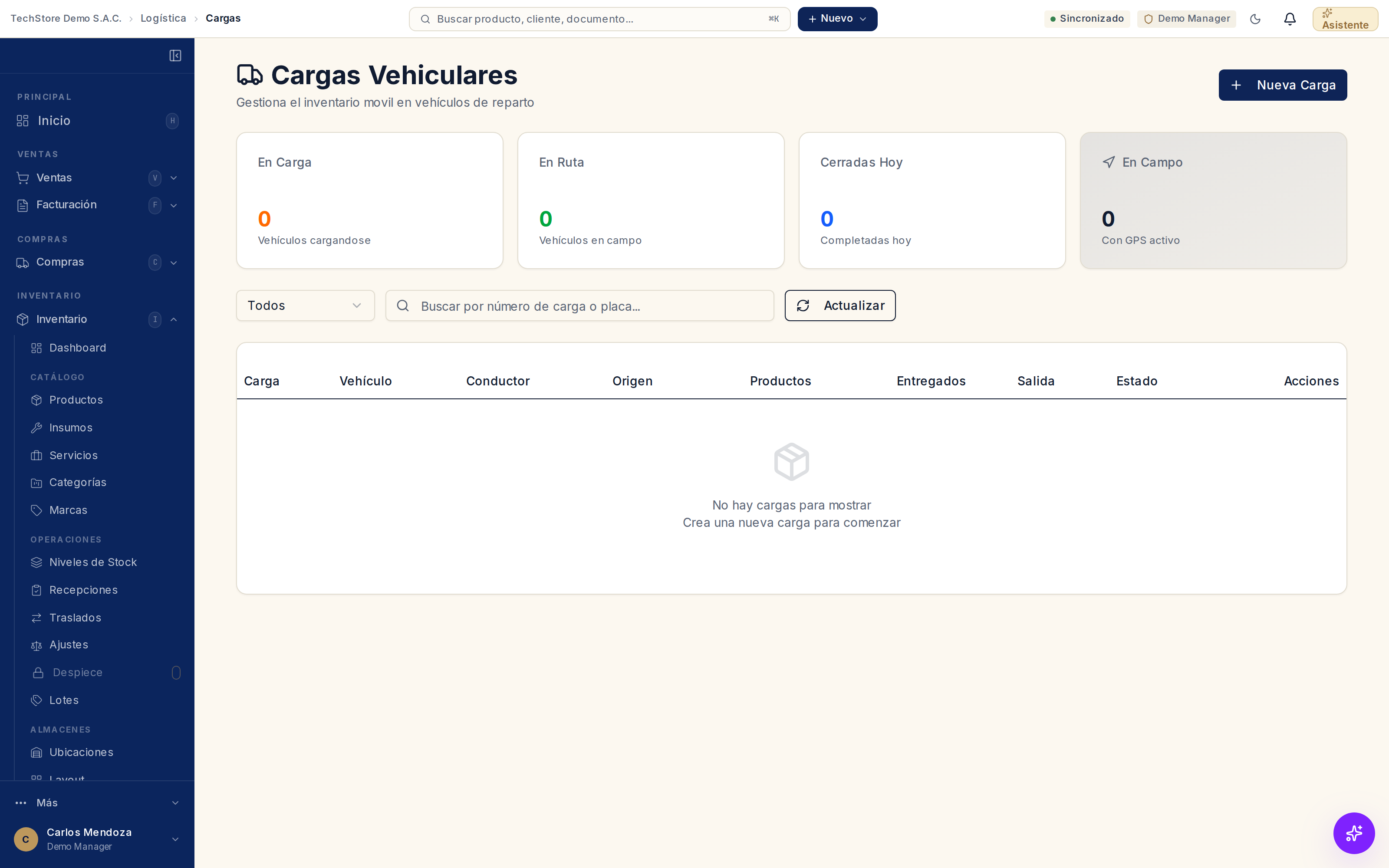 Pantalla de Cargas Vehiculares: lista de cargas con su número, conductor y estado (En carga, En ruta, Cerrada), y el botón Nueva Carga.
