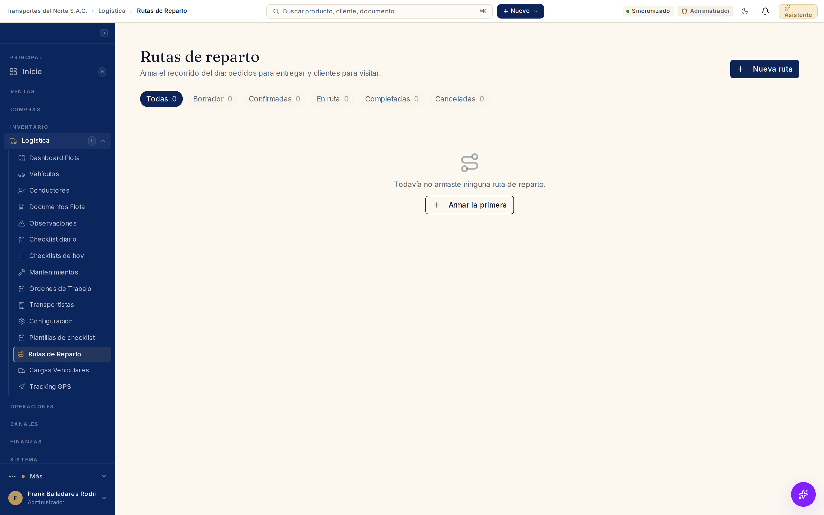 Rutas de reparto: las pestañas por estado (todas, borrador, confirmadas, en ruta, completadas, canceladas) y el estado inicial cuando todavía no armaste ninguna.