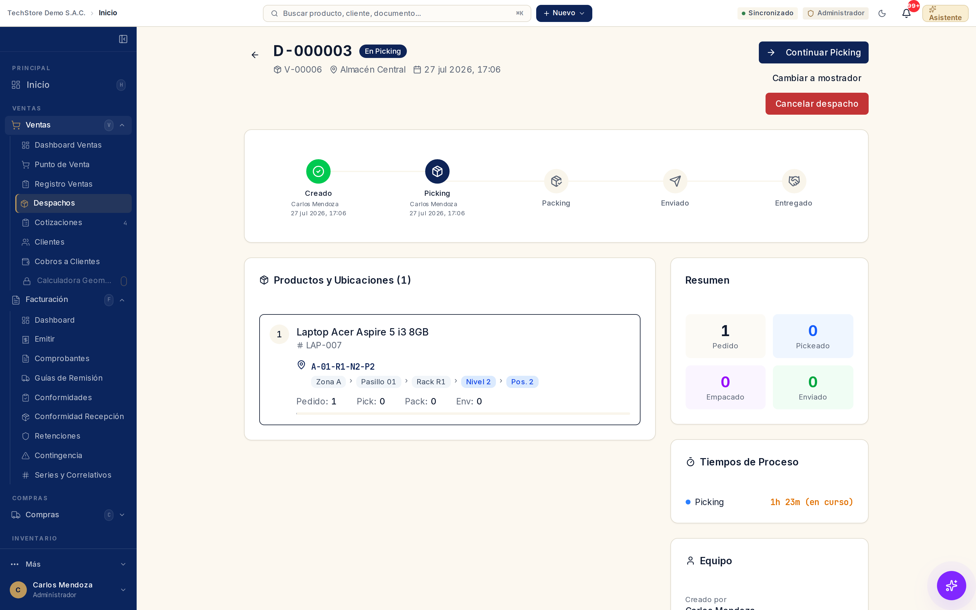 Detalle de un despacho: la línea de tiempo con Creado, Picking, Packing, Enviado y Entregado; el producto con su ubicación (zona, pasillo, rack, nivel y posición); el resumen de pedido, pickeado, empacado y enviado; y los tiempos de proceso.