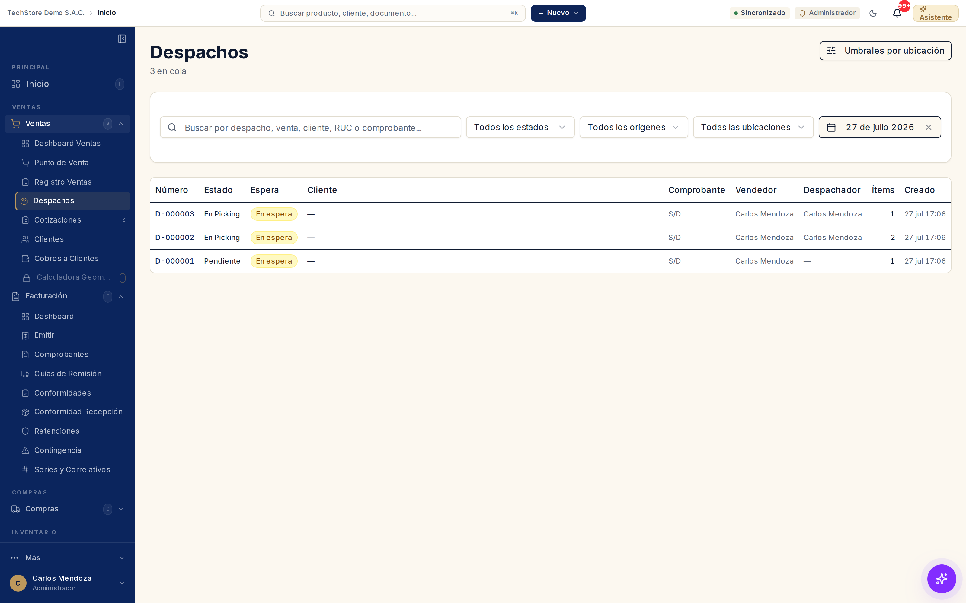 Lista de despachos: filtros por estado, origen, ubicación y fecha, y la tabla con número, estado, cliente, comprobante, vendedor, despachador, ítems y fecha de creación.